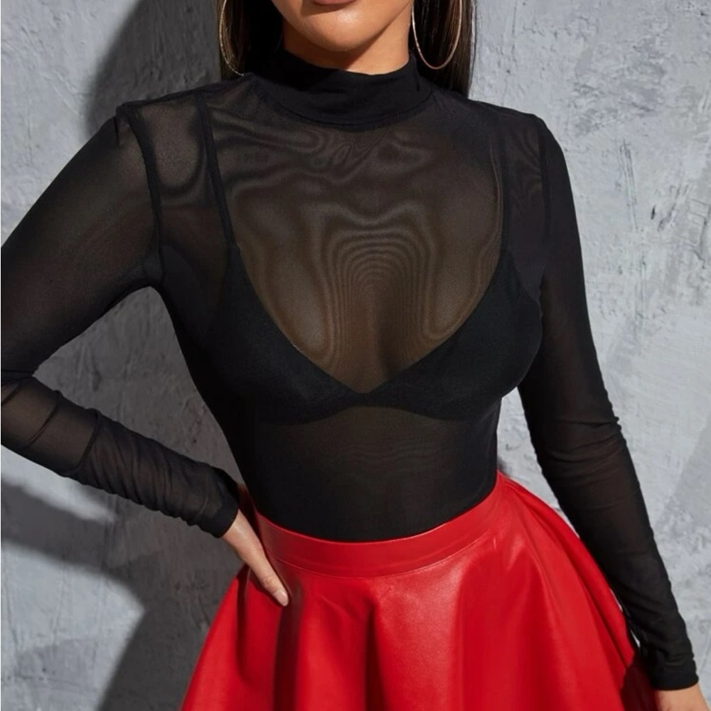 Mock neck sheer mesh long sleeve top - Picture 1 of 4